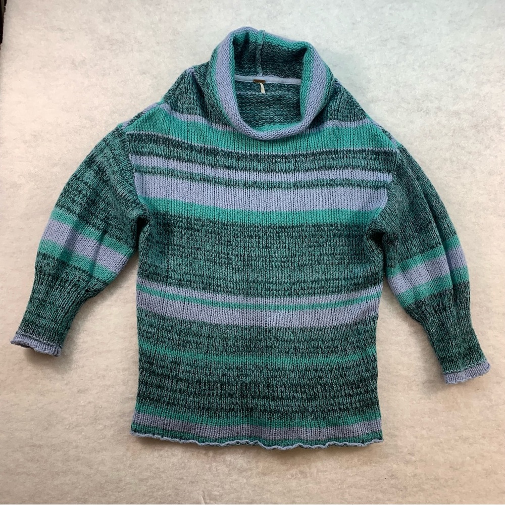 Free People Teal and Lavender Striped Cowl Neck Sweater